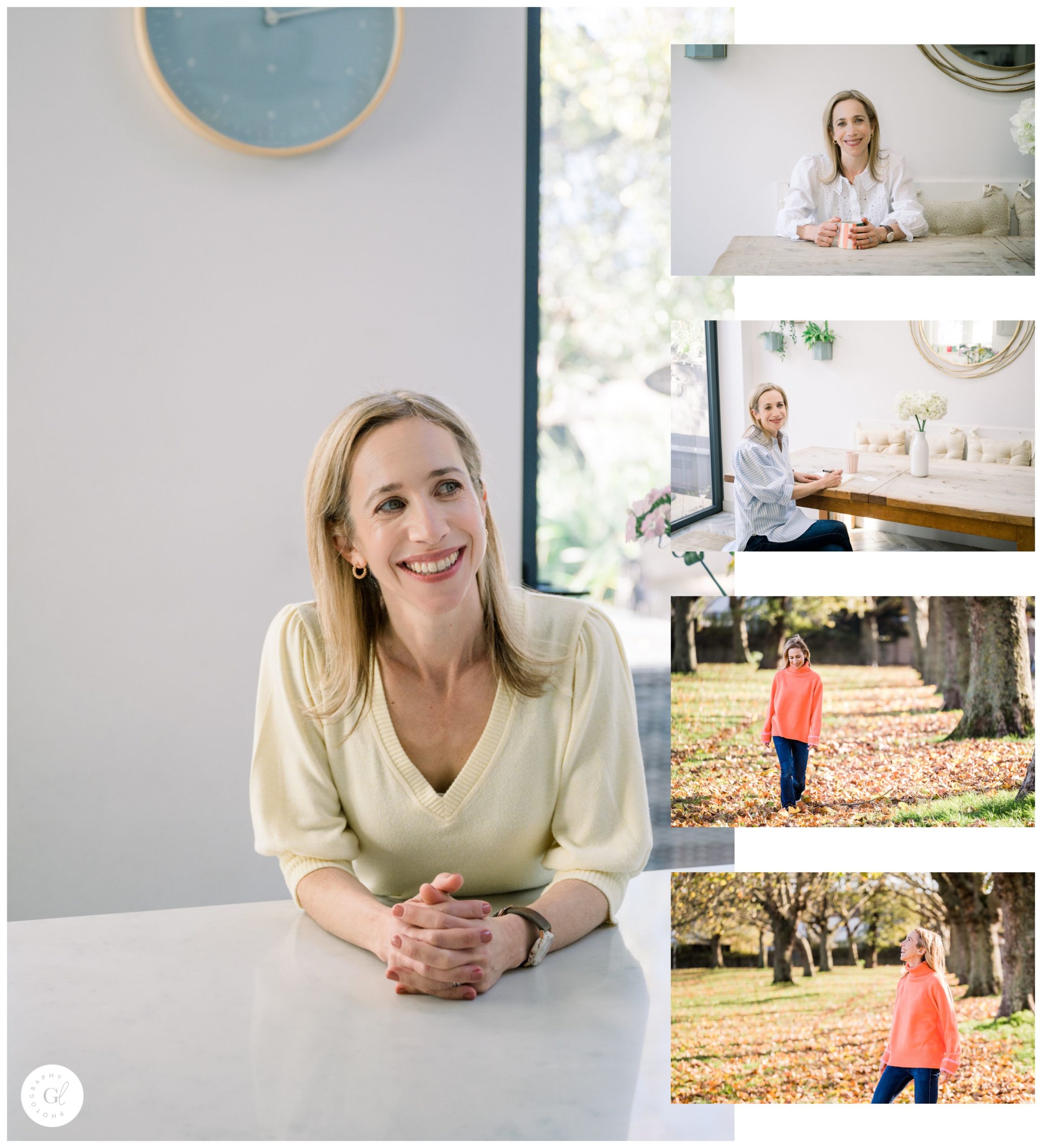 Images of blond-haired smiling lady in her home and also outdoors walking through the autumn leaves