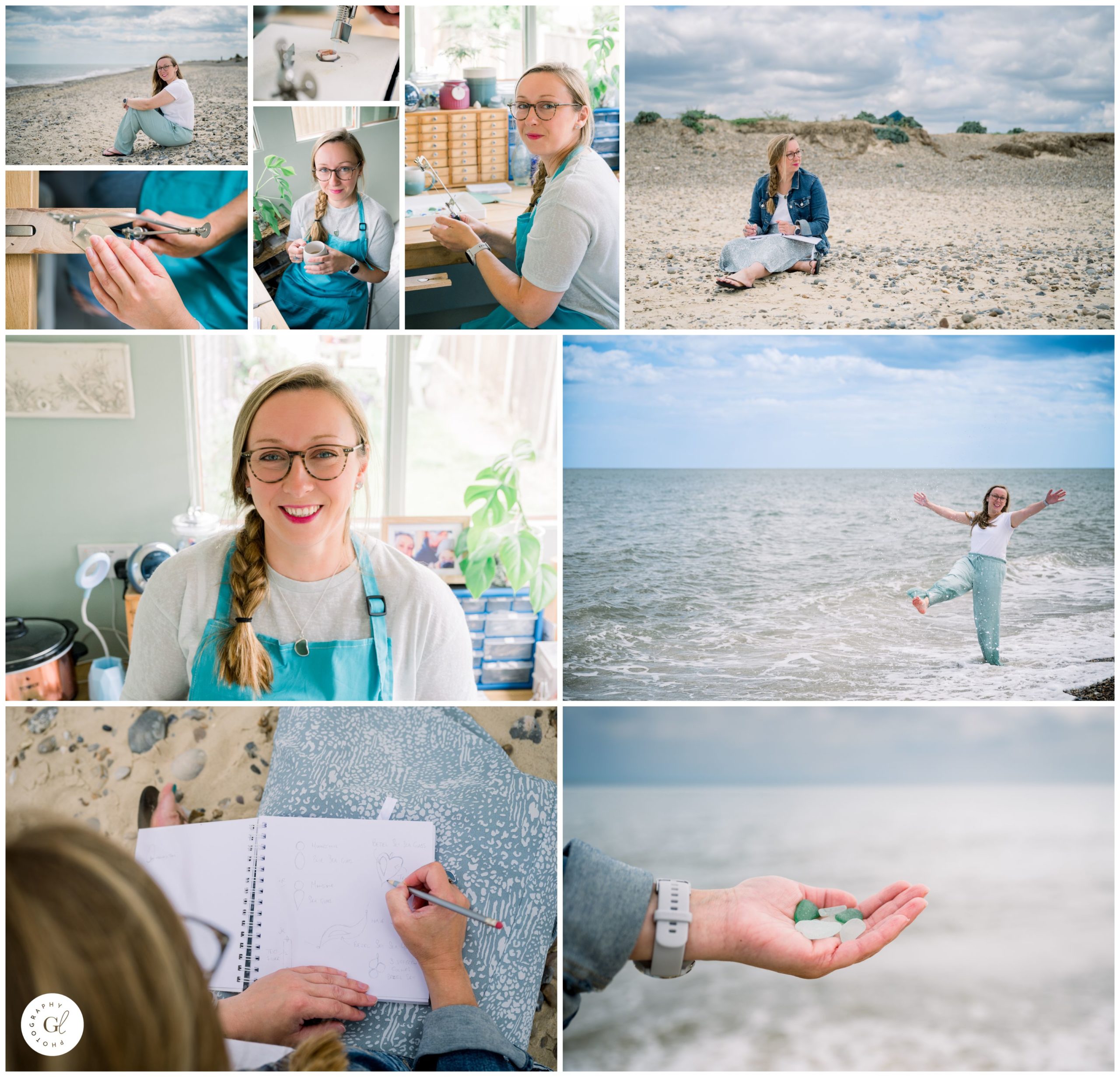 Collage of smiling woman in her jewellery workshop and also on the beach