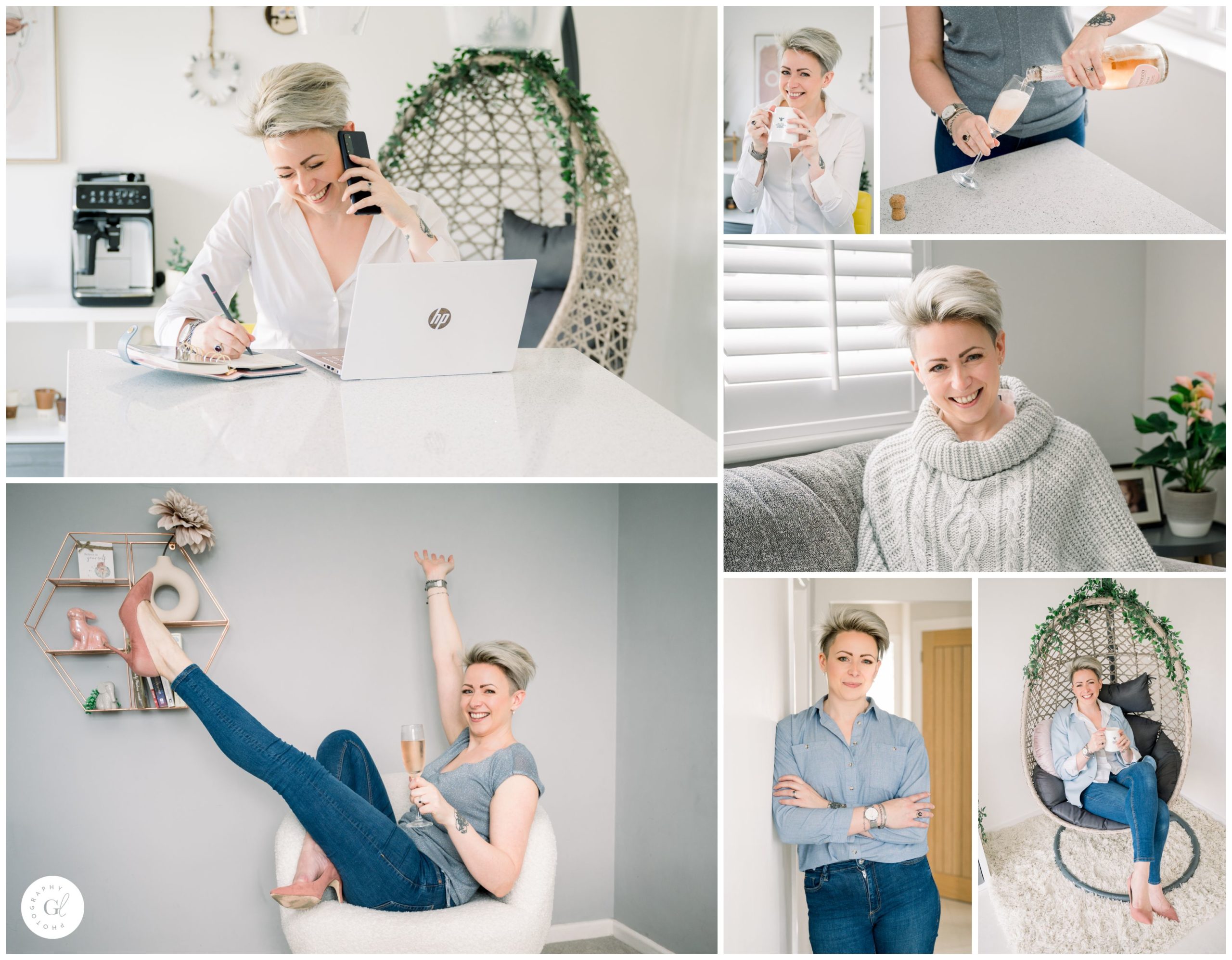 Selection of brand images of a woman with short blond hair in various poses in her home